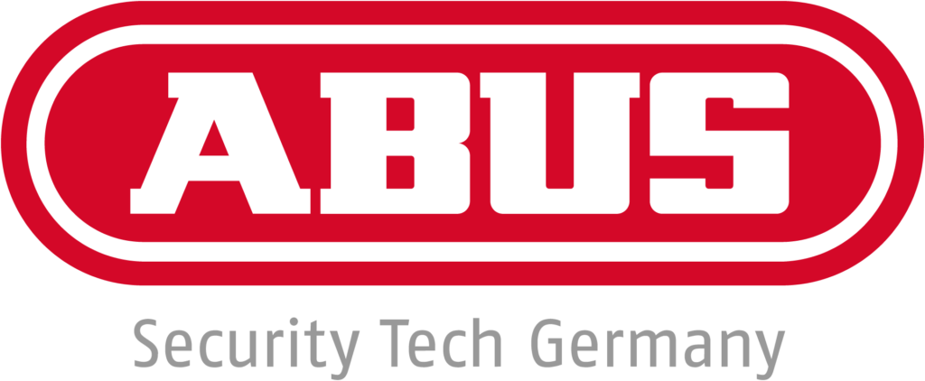 Logo von ABUS: Rote Buchstaben „ABUS“ in fetter Schrift auf weißem Hintergrund in einem roten ovalen Rahmen. Darunter steht in grauer Schrift „Security Tech Germany“.