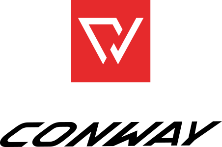 Logo von CONWAY: Ein rotes Quadrat mit einem stilisierten weißen „C“ und „W“ in der Mitte. Darunter steht das Wort „CONWAY“ in schwarzen, fetten und kursiven Buchstaben.