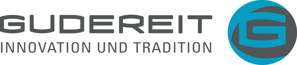 Logo von Gudereit mit dem grauen Schriftzug „Innovation und Tradition“ neben einem blau-grau stilisierten G-Emblem.