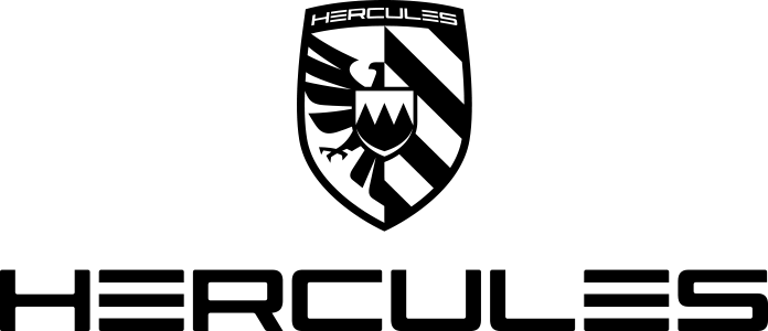 Schwarz-weißes Hercules-Logo: Auf einem Schild ist ein stilisierter Adler abgebildet. Der Adler hält ein Zickzack-Symbol in den Krallen. Im oberen Teil des Schildes steht das Wort „HERCULES“. Unter dem Schild ist erneut der Schriftzug „HERCULES“ in fetten Buchstaben zu sehen.